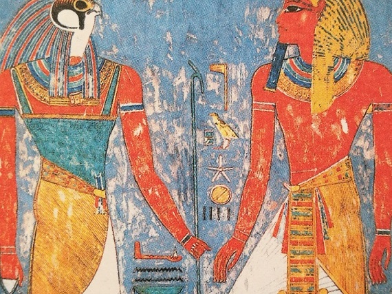Dievas Horas (su dviguba Egipto karūna) ir faraonas Meremptahas. Freska iš faraono kapavietės. XIX dinastija
