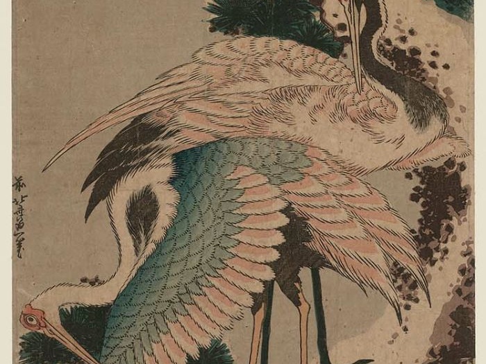 Kacušika Hokusajis. Gervės ant apsnigtos pušies šakos. Apie 1820 m.