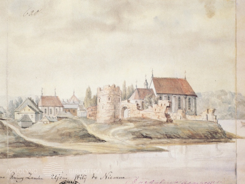 Kauno senamiestis, nuo Neries upės. Pilies griuvėsiai, Nemuno ir Neries santaka. Dail. N. Orda. 1875 m.