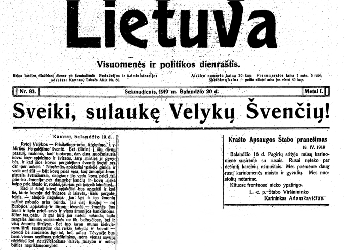 1919, Lietuva, nr. 83, p. titulinis.