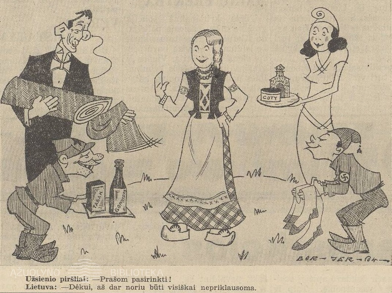 Karikatūroje – Lietuvą simbolizuojanti ilgakasė su tautiniais drabužiais