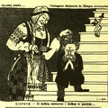 Karikatūroje – Lietuvą simbolizuojanti ilgakasė su tautiniu kostiumu.