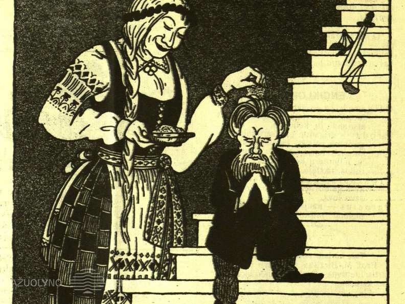 Karikatūroje – Lietuvą simbolizuojanti ilgakasė su tautiniu kostiumu.