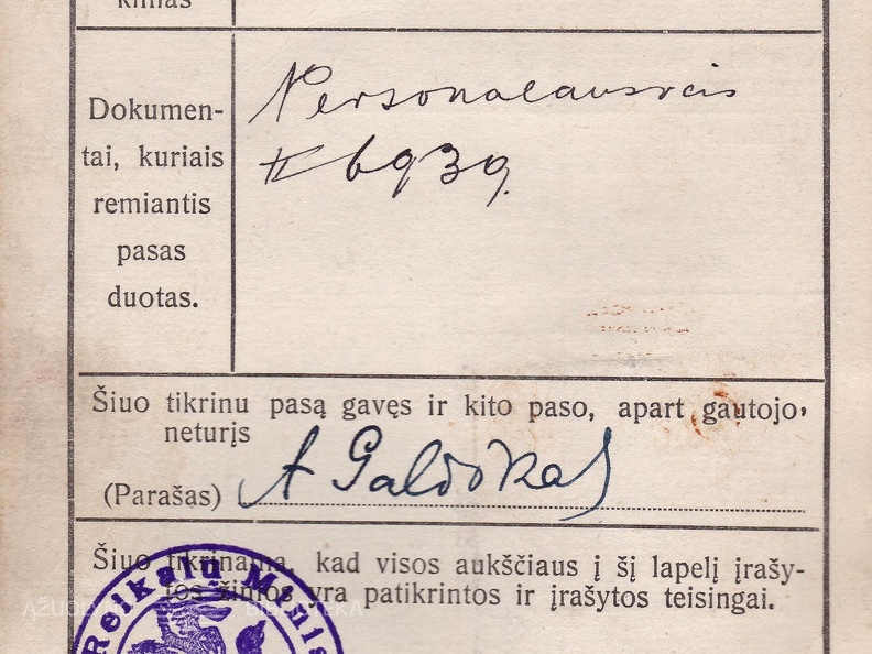 Adomas Galdikas. Paso kortelė. Kaunas.