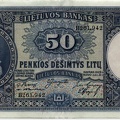 Lietuvos bankas. Penkiasdešimt litų banknotas. Gamintojas Bredberio ir Vilkinsono sp.