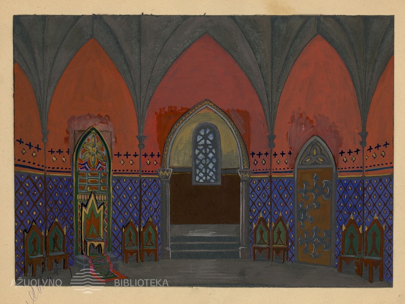 Dekoracijos eskizas Maironio dramai „Kęstučio mirtis“.