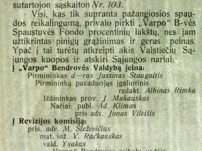 „Varpo“ B-vės Spaustuvės Fondas / F. Bortkevičienė // Lietuvos ūkininkas