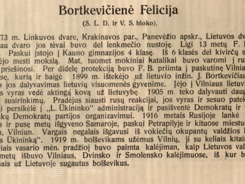 Bortkevičienė Felicija (S. L. D. ir V. S. bloko): [trumpa biogr. su atvaizdu] 