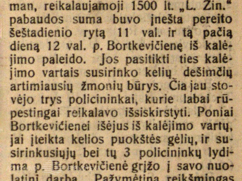 P. F. Bortkevičienė iš kalėjimo išpirkta // Lietuvos žinios
