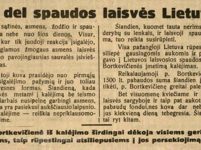 Kova dėl spaudos laisvės Lietuvoje: [Dėl F. Bortkevičienės paleidimo iš kalėjimo]