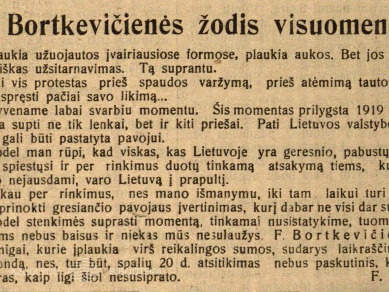 F. Bortkevičienės žodis visuomenei: [Paleidus ją iš kalėjimo,
