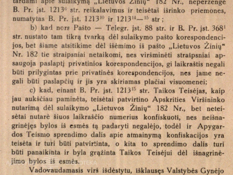 Kasacinis skundas dėl „Lietuvos žinių“ 1925 m. Nr. 182 sulaikymo ir konfiskavimo
