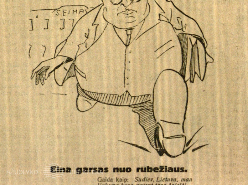 Eina garsas nuo rubežiaus: [Karikatūroje pavaizduotas ministras pirmininkas Vytautas Petrulis, bėgantis nuo jam keliamos bylos į užsienį sveikatos taisyti.