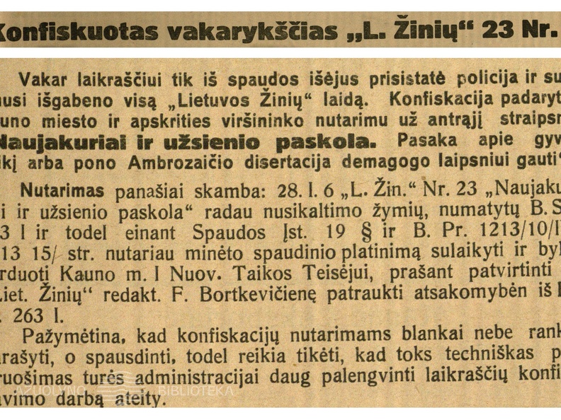 Konfiskuotas vakarykščias „L. žinių“ 23 Nr.: [Norima patraukti atsakomybėn ir F. Bortkevičienę