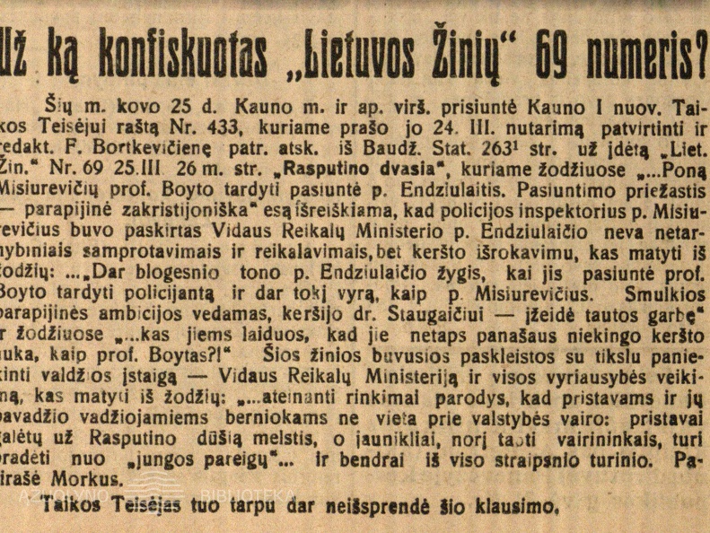 Už ką konfiskuotas „Lietuvos žinių“ 69 numeris: [už straipsnį „Rasputino dvasia“