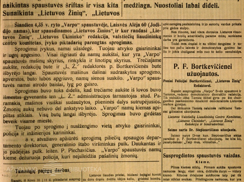 Pasikėsinimas ant Valstiečių Liaudininkų Sąjungos Centro. Susprogdinta „Varpo“ B-vės spaustuvė...