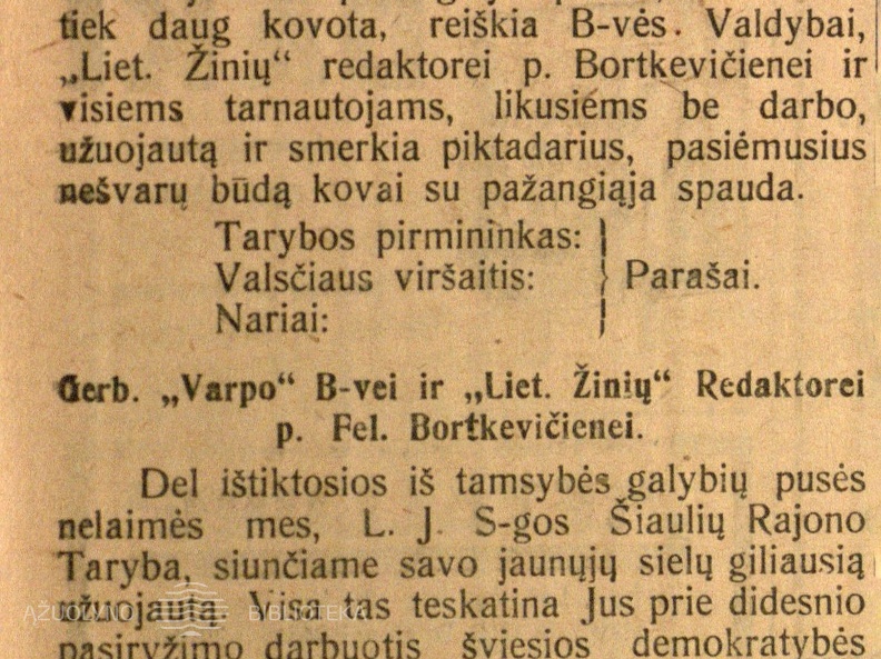 „Lietuvos Žinioms“ užuojautos. P. F. Bortkevičienei