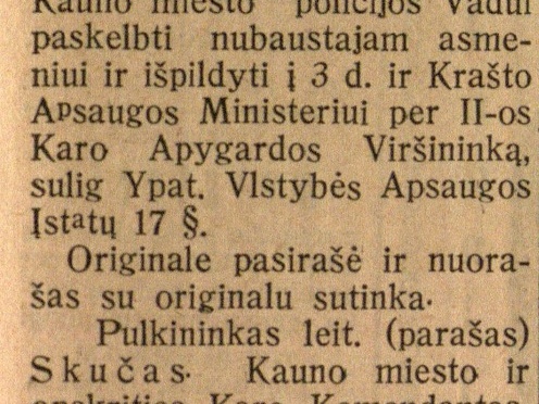 Nutarimas Nr. 1212: [Kauno miesto ir apskrities komendanto Kazio Skučo nutarimas nubausti „Lietuvos žinių“ atsakomąją redaktorę F. Bortkevičienę 100 litų arba 7 paromis paprasto kalėjimo už tarpų palikimą vietoj cenzūros išbrauktų