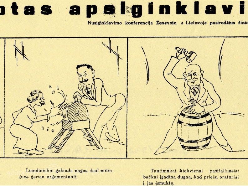 Slaptas apsiginklavimas: [Karikatūroje kademų smalą pila L. Bistras