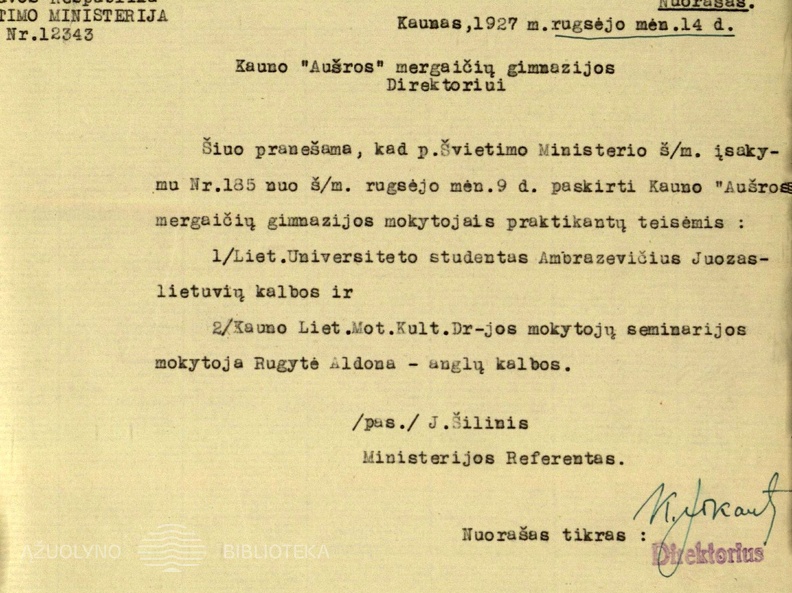 LR Švietimo ministerijos referento J. Šilinio raštas Kauno