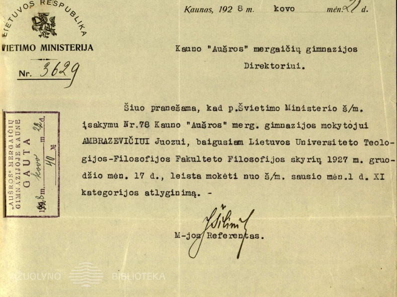 LR Švietimo ministerijos referento J. Šilinio raštas Kauno „Aušros“