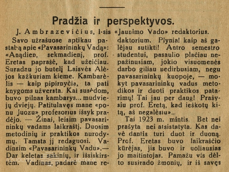 Pradžia ir perspektyvos / J. Ambrazevičius,