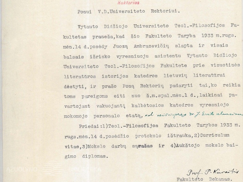 VDU Teologijos – filosofijos fakulteto komisijos raštas