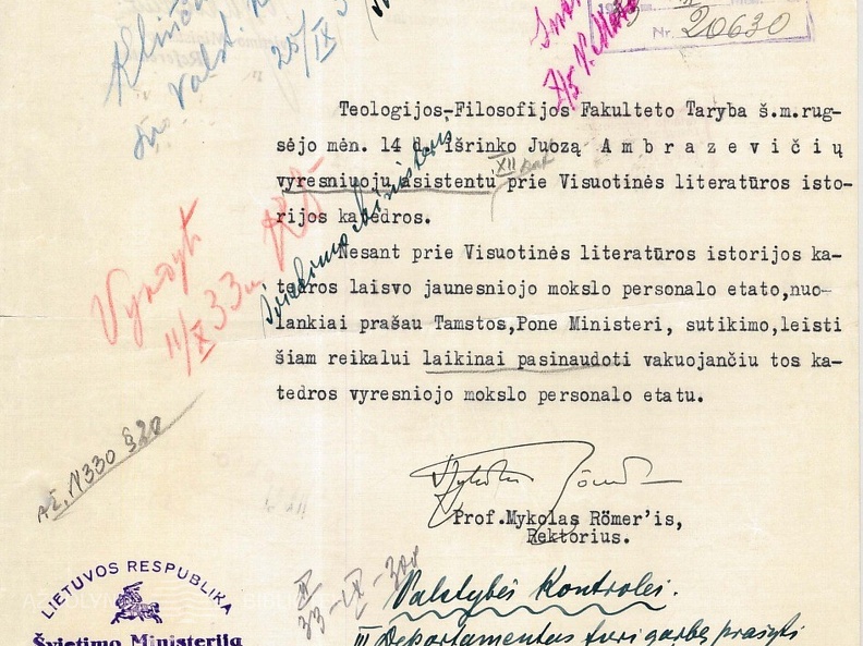 VDU Teologijos – filosofijos fakulteto tarybos raštas