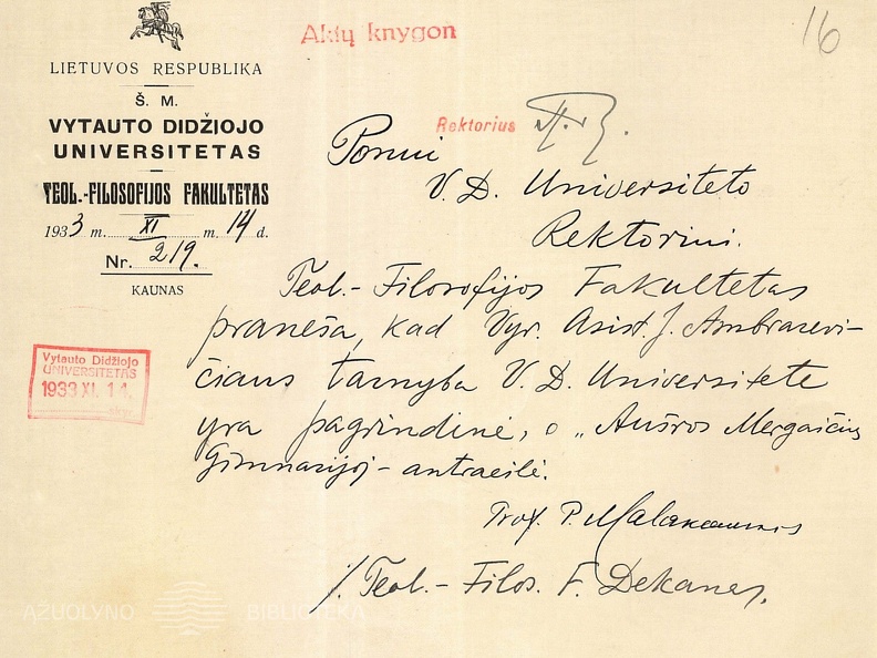 VDU Teologijos – filosofijos fakulteto dekano raštas VDU rektoriui,