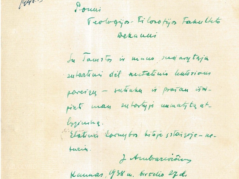 J. Ambrazevičiaus prašymas VDU Teologijos – filosofijos fakulteto