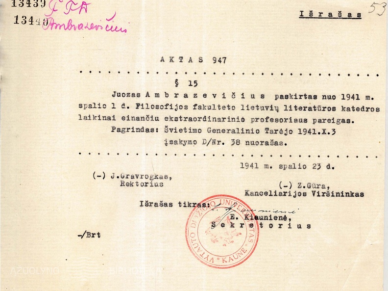 Raštas dėl J. Ambrazevičiaus paskyrimo Filosofijos