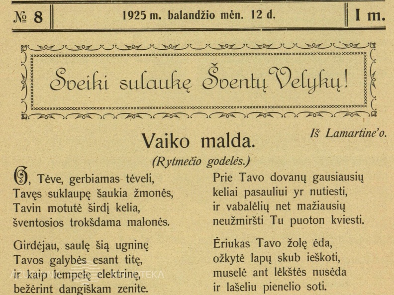Sveikinimas su šv. Velykomis. Saulutė, 1925, nr. 8, p. nenumeruotas.