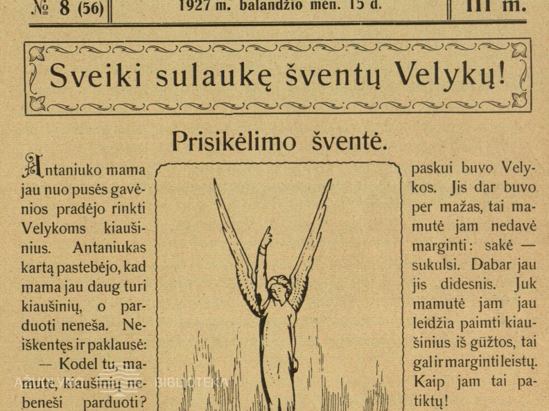 Sveikinimas su šv. Velykomis. Saulutė, 1927, nr. 8