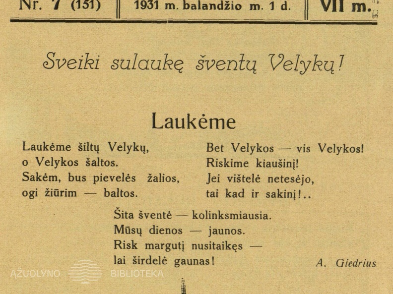 Sveikinimas su šv. Velykomis. Saulutė, 1931, nr. 7
