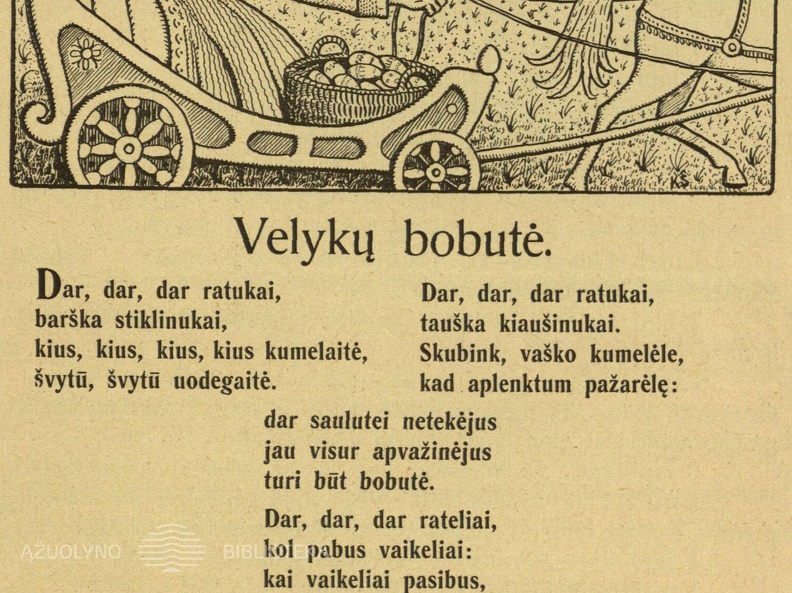 Eilėraščio „Velykų bobutė“ iliustracija. Dailininkas K. Šimonis. Saulutė, 1925, nr. 8, p. 117.
