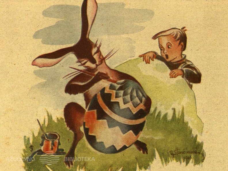 Velykų zuikis. Apatinė viršelio dalis. Dailininkė V. Stančikaitė. Saulutė, 1946, nr. 4.