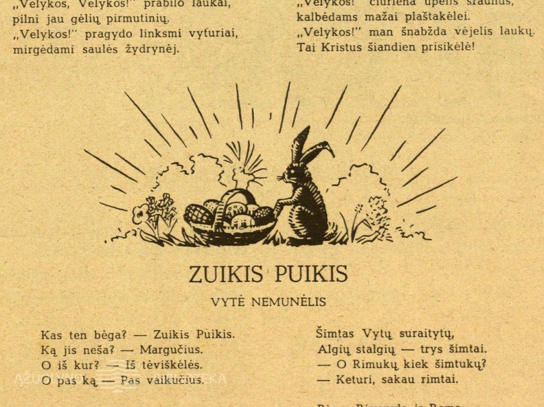 Iliustracija Vytės Nemunėlio eilėraščiui „Zuikis puikis“. Saulutė. – 1946, nr. 4, p. 69.