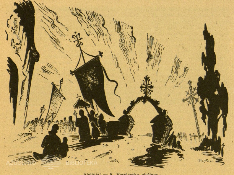 „Aleliuja!“ R. Veselausko (Viesulo) piešinys. Saulutė, 1947, nr. 3–4, p. 43.