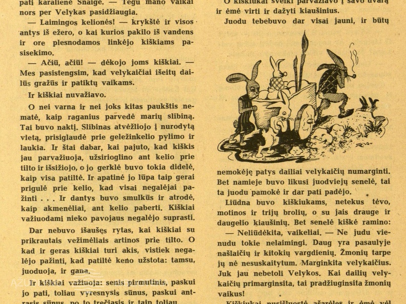Giedriaus A. apsakymo „Kas atsitiko Velykų naktį“ iliustracijos. Dailininkas R. Veselauskas (Viesulas). Saulutė, 1947, nr. 3–4, p. 58.