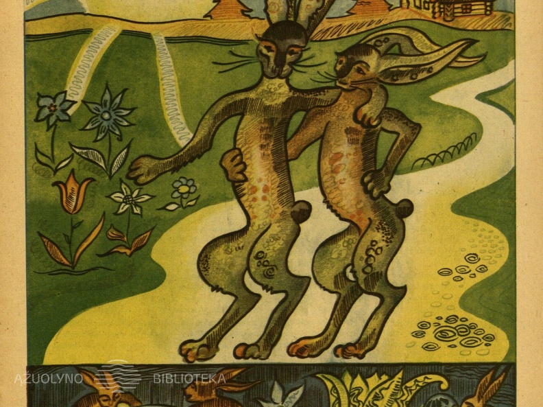 Velykų zuikučiai. Žurnalo viršelis. Dailininkas T. Valius. Saulutė, 1946, nr. 3–4.