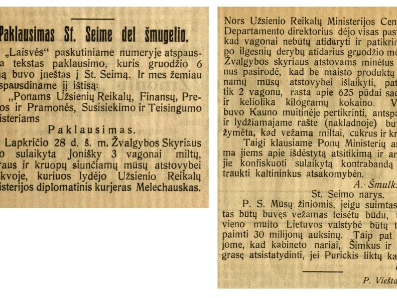 Paklausimas St. Seime dėl šmugelio