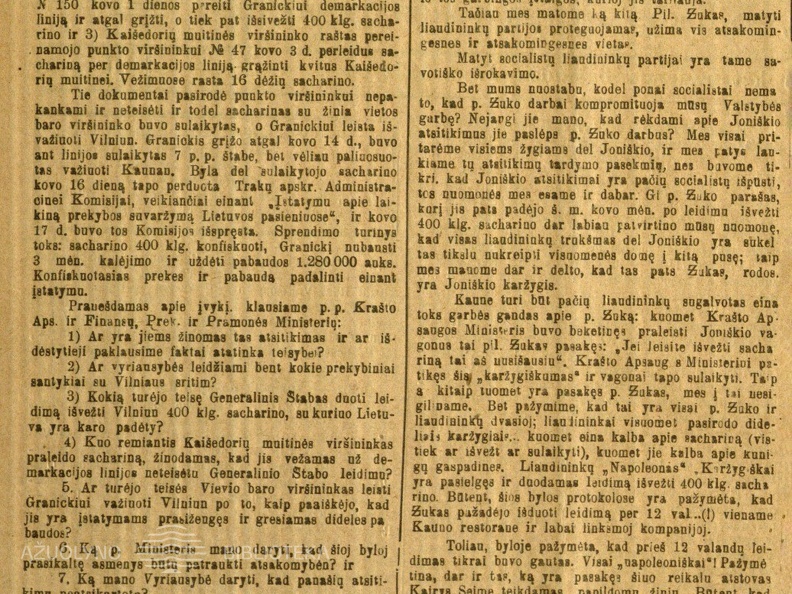 Iš „Napoleonų“ į „sacharininkus“: [Dėl K. Žuko leidimo išvežti 400 kg sacharino už demarkacijos linijos ir jo vaidmens sulaikant J. Purickio kontrabandą Joniškyje] / K. P.: [P. Karvelis] // Laisvė. – 1922, bal. 27, p. 2.