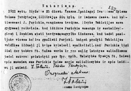 Lietuvos teisingumo ministerijos ypatingai svarbioms byloms teismo tardytojo Z. Toliušio nutarimas dėl bylos J. Purickiui iškėlimo sąryšyje su A. Voldemaro straipsniu „Teisman“ laikraštyje „Lietuvių balsas“