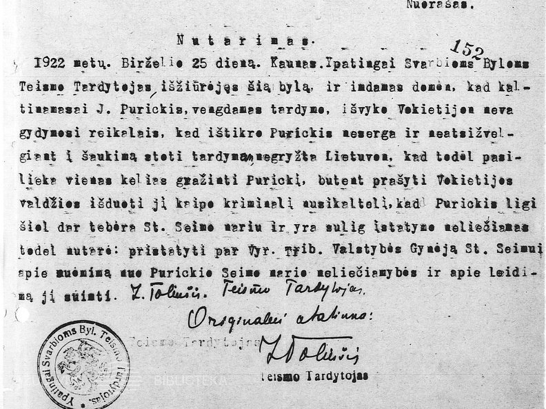 Lietuvos teisingumo ministerijos ypatingai svarbioms byloms teismo tardytojo Z. Toliušio nutarimas dėl bylos J. Purickiui iškėlimo sąryšyje su A. Voldemaro straipsniu „Teisman“ laikraštyje „Lietuvių balsas“