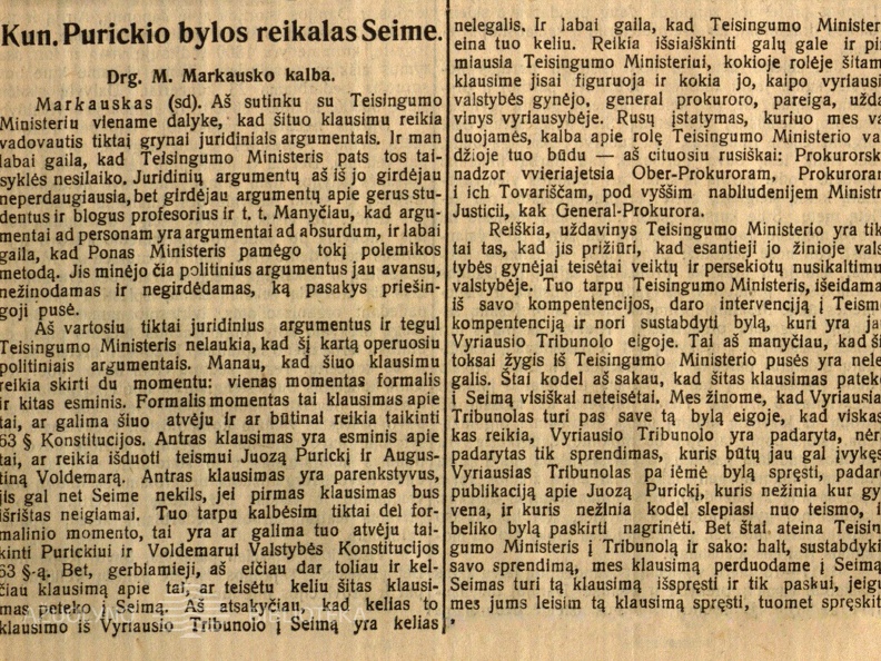 Kunigo Purickio bylos reikalas Seime // Socialdemokratas. – 1924, lapkr. 6, p. 2–3.