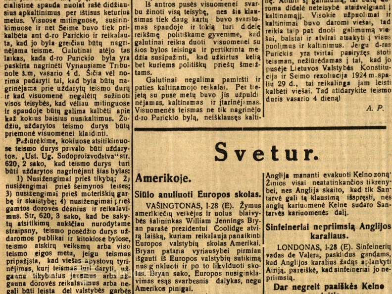 Atidarykite duris! / A. P.: [Demagogija raginanti J. Purickio bylą nagrinėti atvirai] // Rytas. – 1925, saus. 29, p. 1.