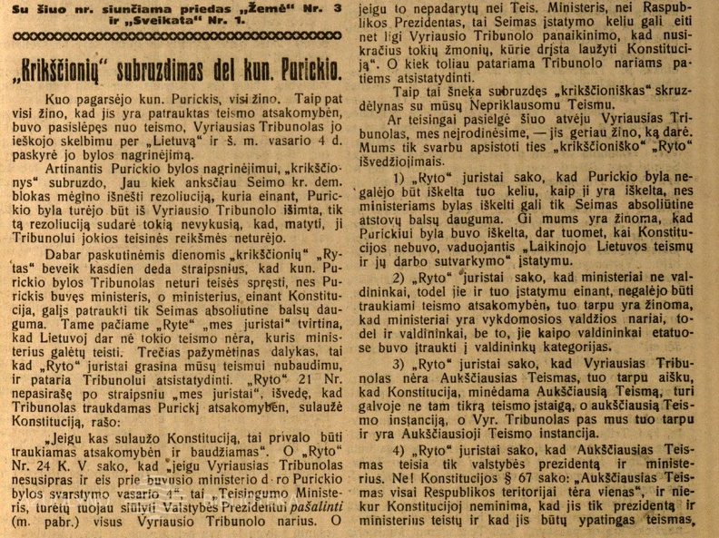 „Krikščionių“ subruzdimas dėl kun. Purickio // Lietuvos ūkininkas. – 1925, Nr. 5, p. 1–2.