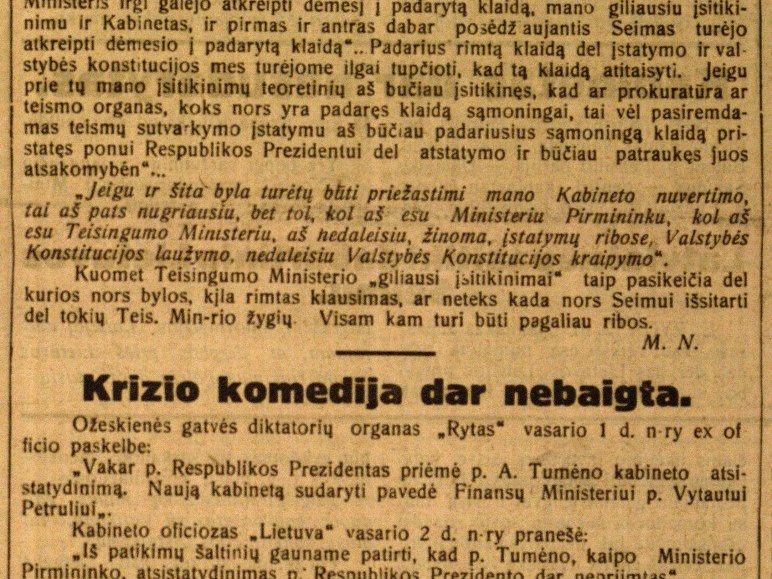 Kuri yra p. Tumėno „neklaidingoji“ nuomonė dėl Purickio bylos: [A. Tumėno kalbų seime 1923, 1924 ir 1925 m. ištraukos]; Kun. Purickis nugriovė Ministerių Kabinetą // Lietuvos žinios. – 1925, vas. 4 (Nr. 28), p. 1.