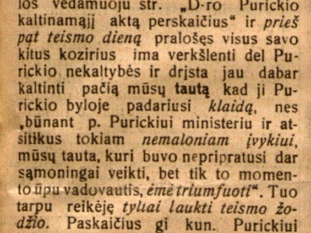 „Kas kaltas, ar Purickis, ar tauta“ / R-bas // Lietuvos žinios. – 1925, vas. 5, p. 1.