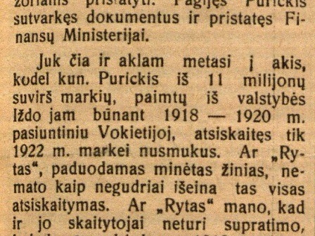 Teismo žodžio belaukiant: Aplink kun. Purickio bylą // Lietuvos žinios. – 1925, vas. 10, p. 1.